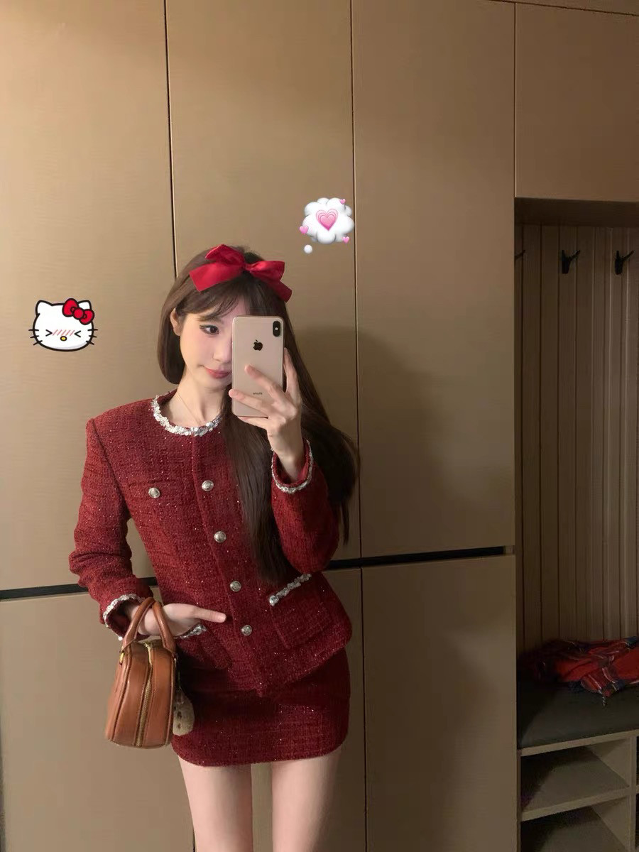 复古小香风红色短外套两件套女秋冬新款纯欲穿搭高腰包臀短裙套装