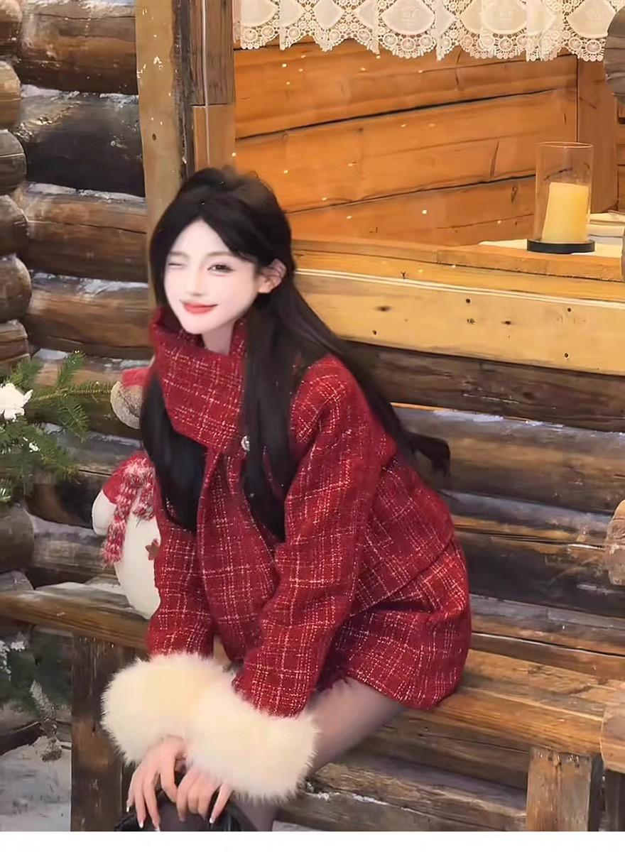 圣诞战袍新年红格子小香风套装女加绒粗花呢外套短裙气质两件套潮