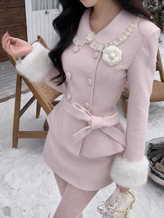 法式新款甜美贵气感毛领粉色毛呢外套高级小香风半裙套装