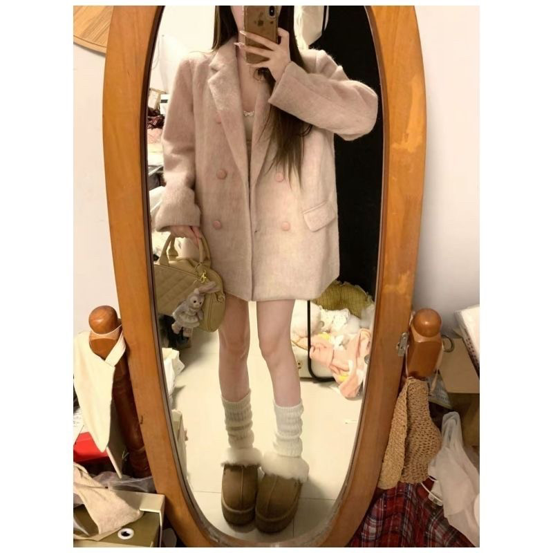 韩版小个子高级感粉色毛呢外套韩系独特洋气时髦大衣女2025秋冬季