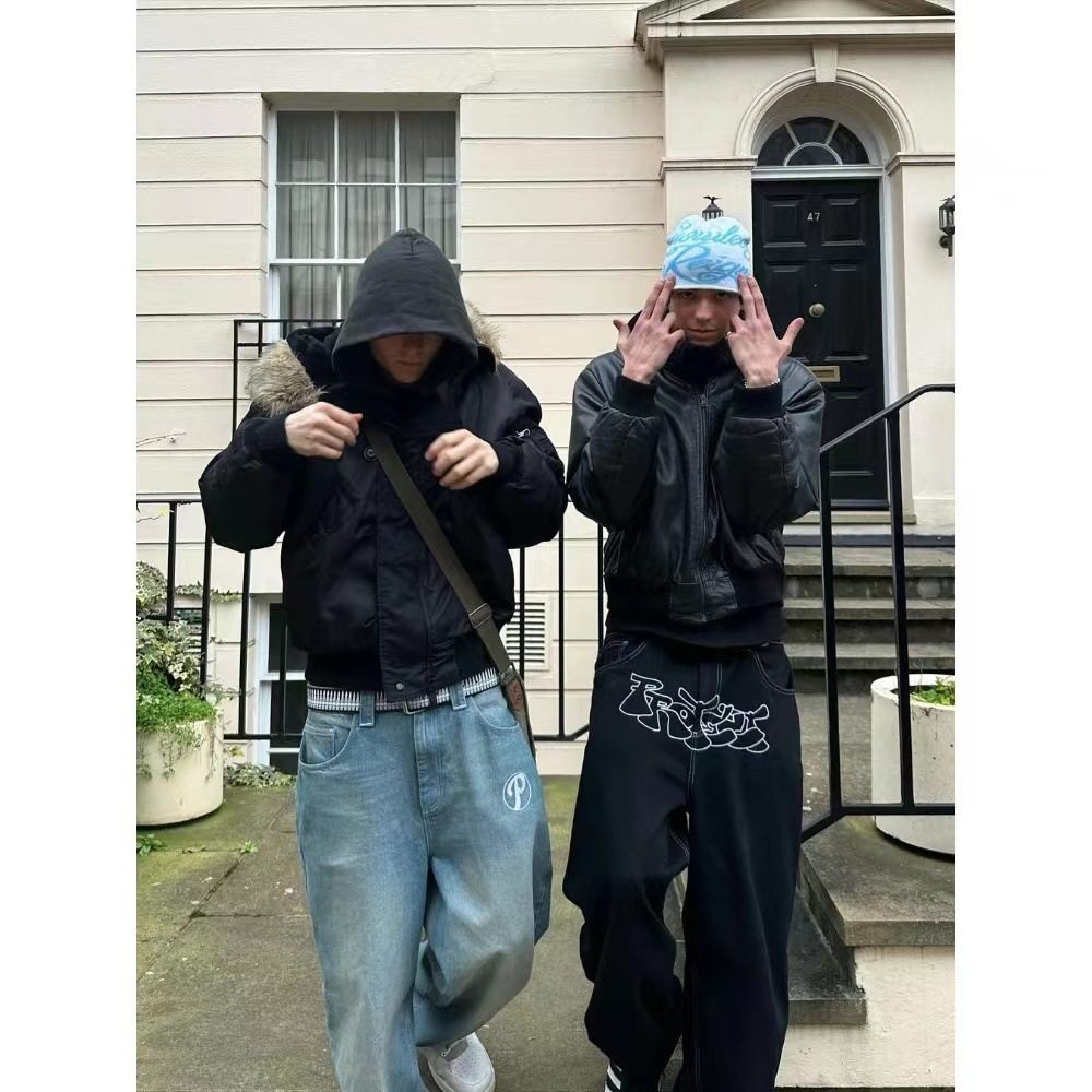 美式街头Baggy直筒高腰牛仔裤