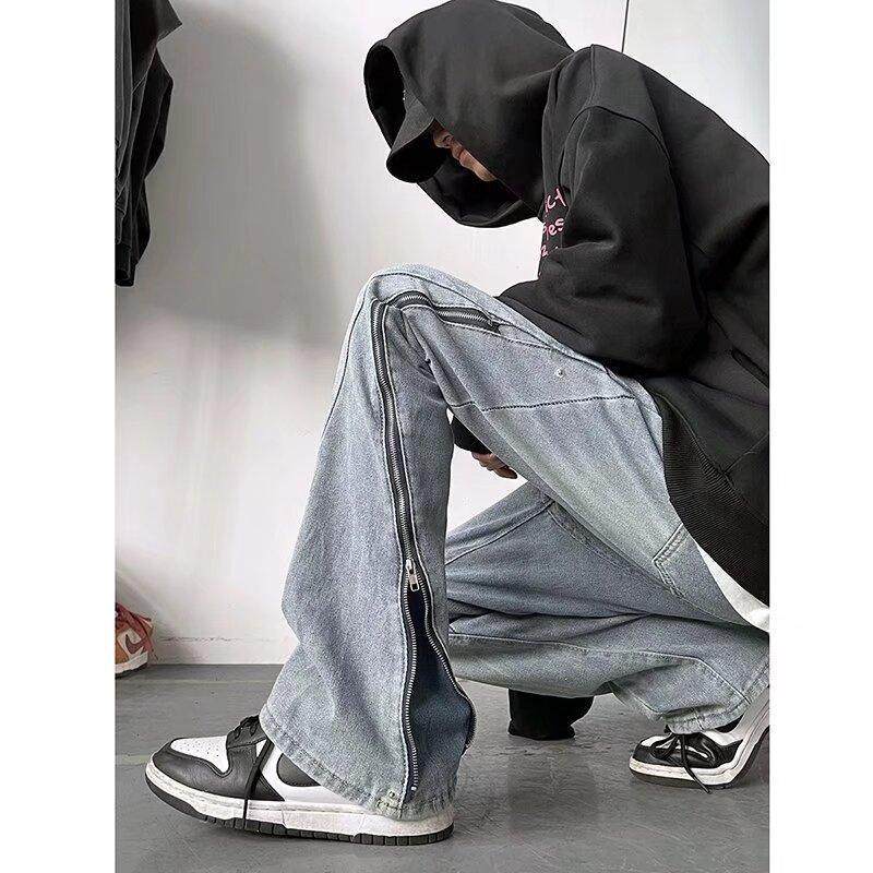 美式复古拉链牛仔裤男款秋冬季休闲微喇弯刀裤子高街vibe潮牌男裤