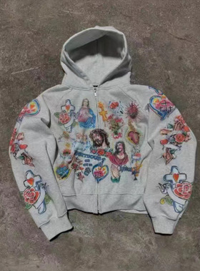 sweatshirt跨境卡通风连帽拉链卫衣女印花长袖宽松休闲上衣灰色