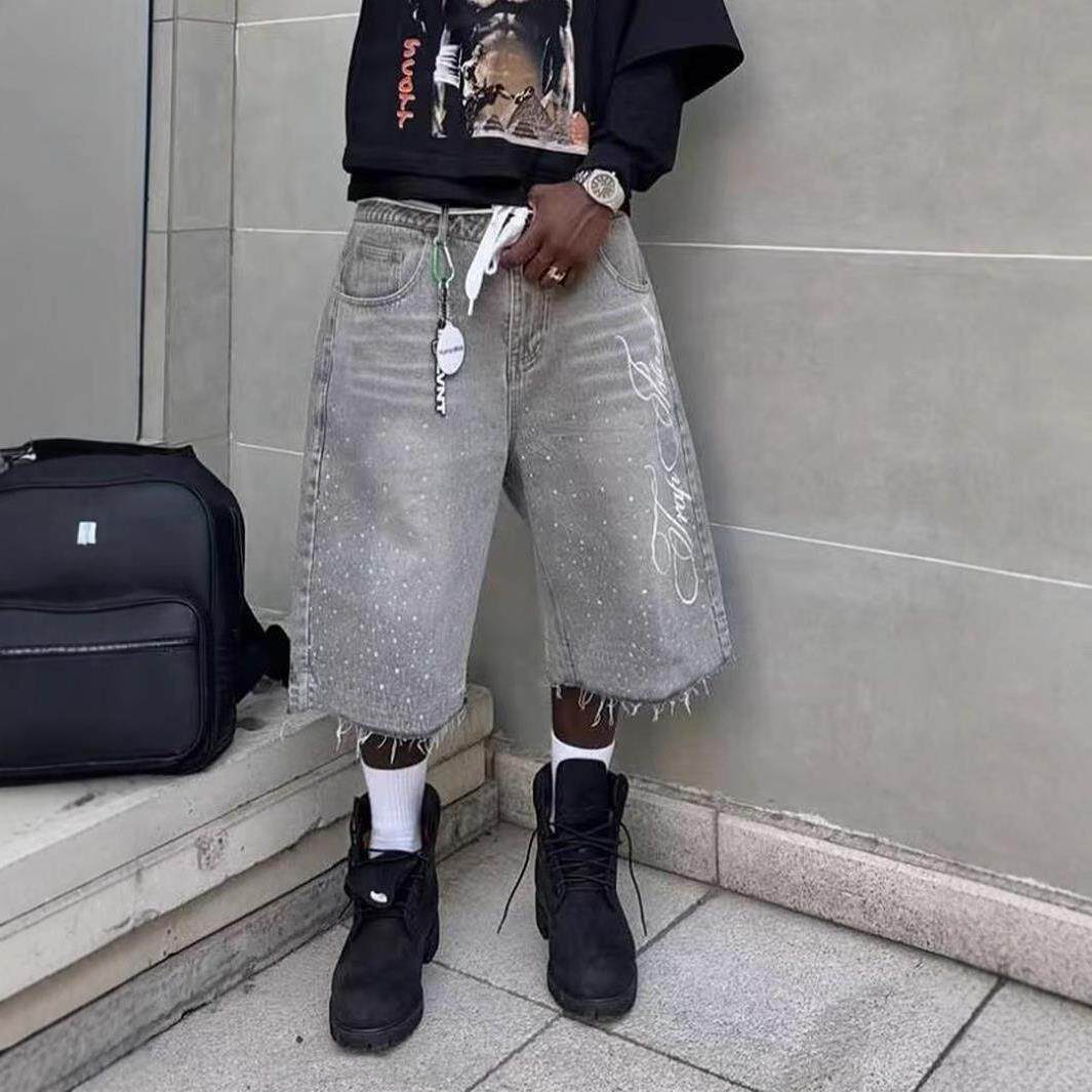 美式复古水洗高街直筒阔腿宽松牛仔短裤Women Jeans shorts Man