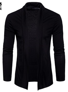 修身型翻领长款浅灰色开衫