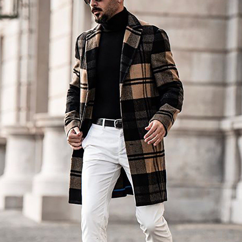 Printed plaid casual mid-length woolen coat休闲中长毛呢外套