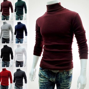 sweater men Pullovers t恤纯色磨毛打底衫 高领男长袖