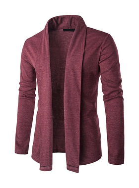 秋季时尚纯色无扣开衫长袖青年青春酒红色蓝色圆领休闲灰色