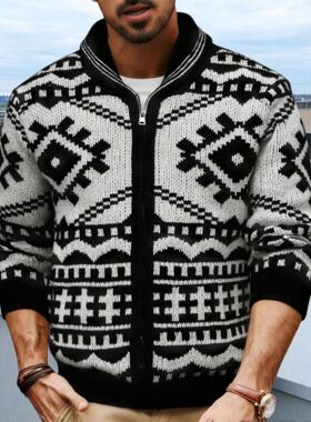 Turtleneck long-sleeved jacket翻领长袖拉链提花夹克毛衣针织衫