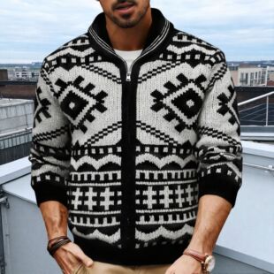 Turtleneck long-sleeved jacket翻领长袖拉链提花夹克毛衣针织衫