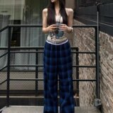 美式街头复古格纹拼接休闲裤女2026春显瘦宽松垂感阔腿裤子P38，男装休闲裤，星座617A(原A401)