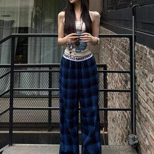 美式街头复古格纹拼接休闲裤女2026春显瘦宽松垂感阔腿裤子P38图片