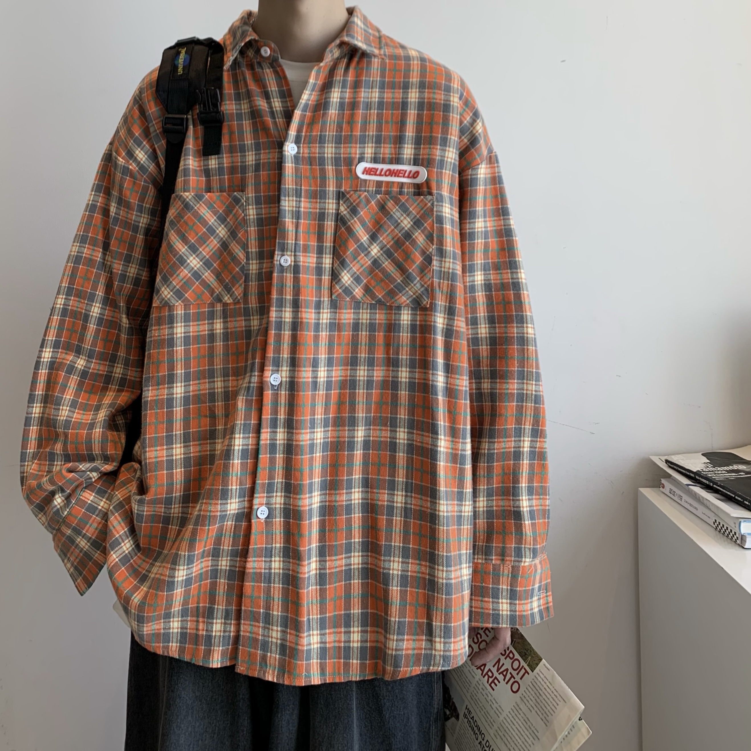 T14*春季新款橘色格子衬衫P48控58，男装衬衫，星座617A(原A401)