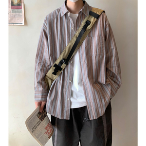 Y31*现货在仓复古竖条纹衬衫男长袖开春宽松衬衣外套P58