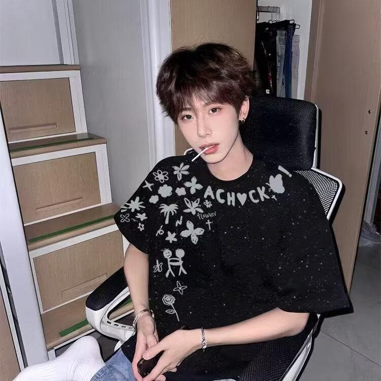 新款满天星高级感纯棉短袖T夏季男士个性百搭情侣衫P38,男装T恤,星座617A(原A401)