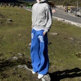 美式印花弯刀阔腿慵懒百搭休闲蓝色运动长裤休闲健身卫裤P45，男装休闲裤，星座617A(原A401)