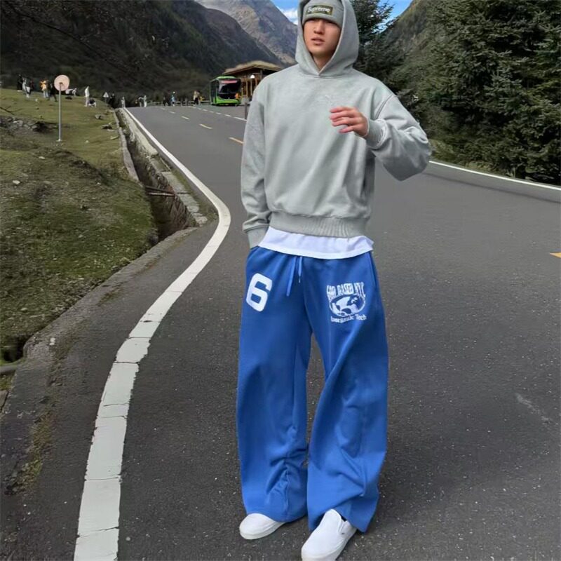 美式印花弯刀阔腿慵懒百搭休闲蓝色运动长裤休闲健身卫裤P45，男装休闲裤，星座617A(原A401)