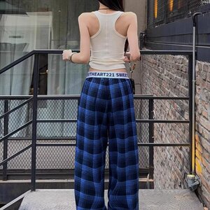 美式街头复古格纹拼接休闲裤女2026春显瘦宽松垂感阔腿裤子P38图片