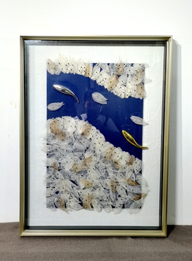 餐厅画九鱼与实物菩提叶画白色现代轻奢单幅挂画大气手工画高雅