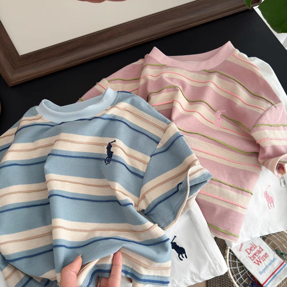 儿童短袖纯棉t恤夏季男童女童条纹提花休闲宝宝上衣姐弟姐妹装夏