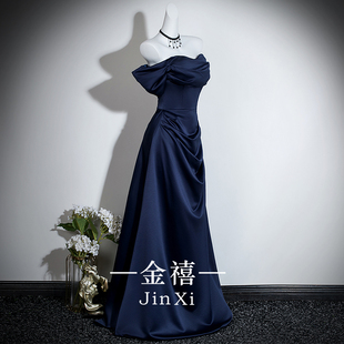 蓝色一字肩轻奢晚礼服女2026新款成人钢琴声乐高级感主持生日毕业