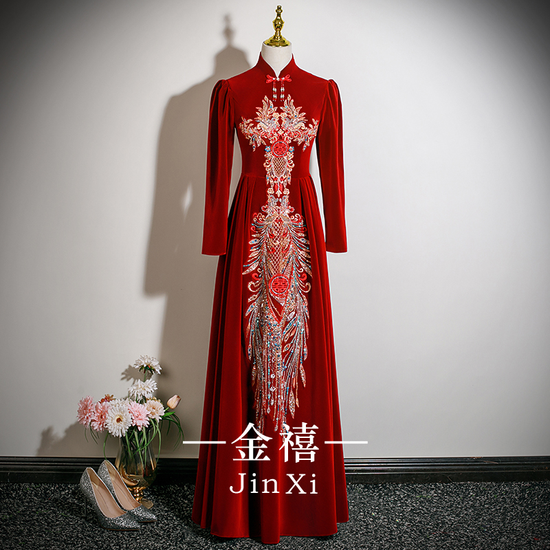 中式旗袍敬酒服新娘结婚2025新款红色订婚回门长袖礼服裙女冬季装