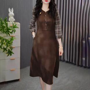 格纹拼接连衣裙女2026新款秋装修身减龄通勤风妈妈装中长款a字裙