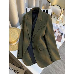 海藻绿覆古高级感毛呢西装外套女2025新款秋冬保暖加厚气质大衣潮