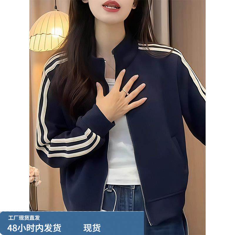 宝蓝色长袖立领夹克外套女秋冬季欧货宽松显瘦时尚三条杠拉链上衣