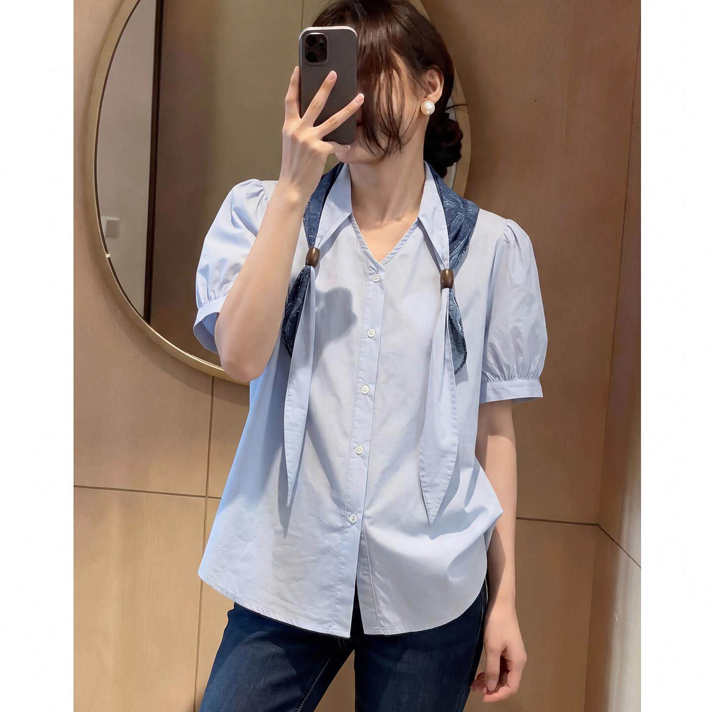 大码女装韩系带丝巾披肩短袖衬衫夏季胖mm显瘦遮肚高级感正肩上衣