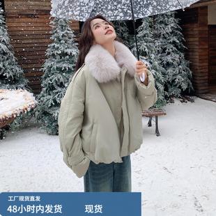 韩系chic大毛领羽绒服女短款2025冬季高级感气质宽松90白鸭绒外套