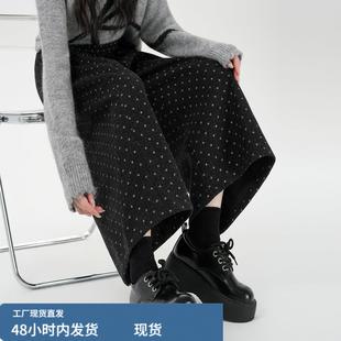 黑色波点毛呢弯刀裤女冬季高腰显瘦a字阔腿九分裤蓬蓬花苞灯笼裤