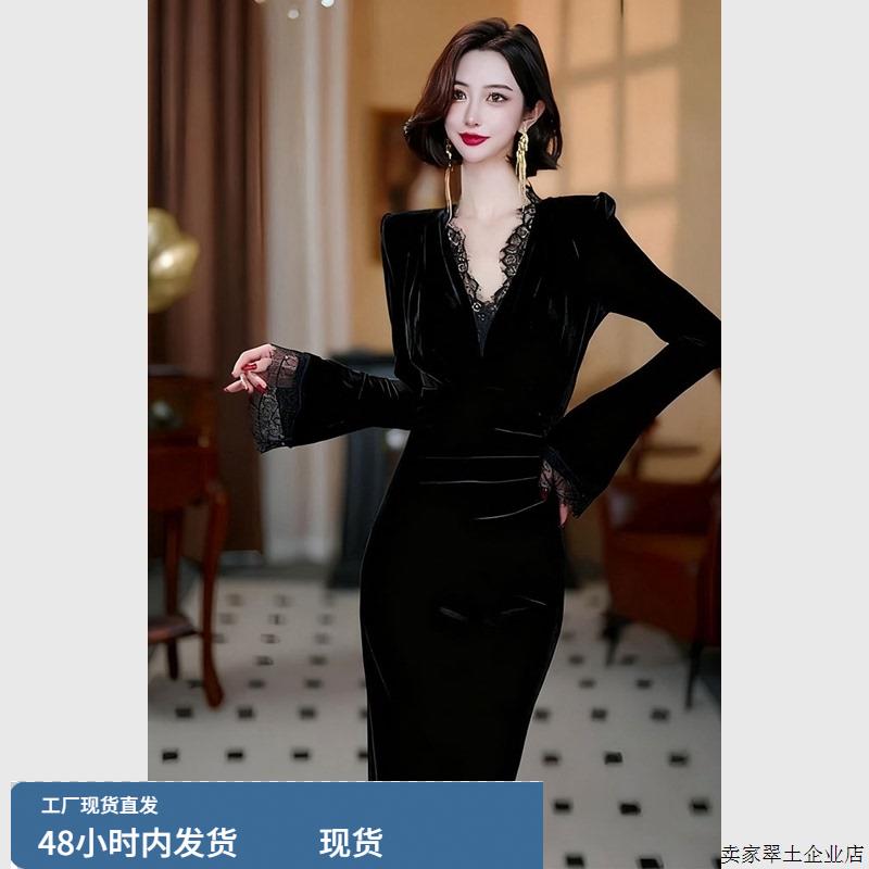 巨好看的掐腰裙子法式轻奢高级感大方得体气质绝美黑色丝绒连衣裙