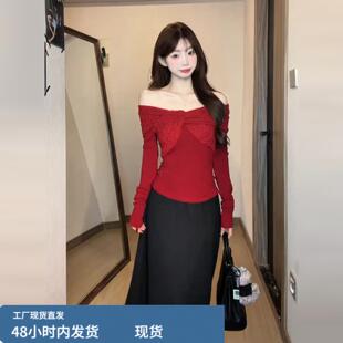 2026新款一字肩红色系穿搭一整套连衣裙子女秋冬蕾丝衫配长裙套装