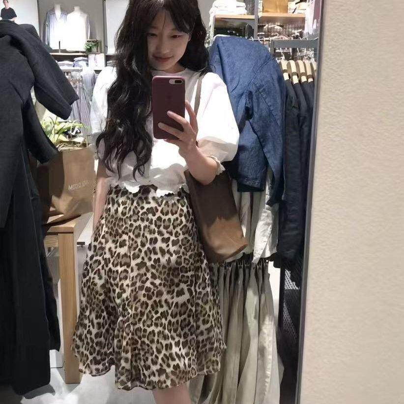 复古撞色豹纹印花a字半身裙女夏季薄款美拉德穿搭高腰显瘦中裙子