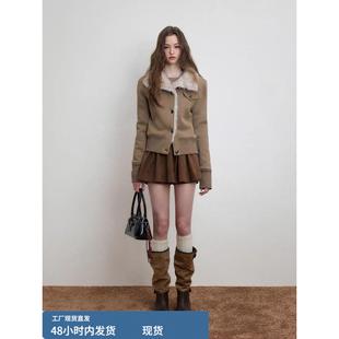 棕色立领狐狸毛绒卫衣外套女冬季设计感加绒加厚保暖皮草夹克上衣