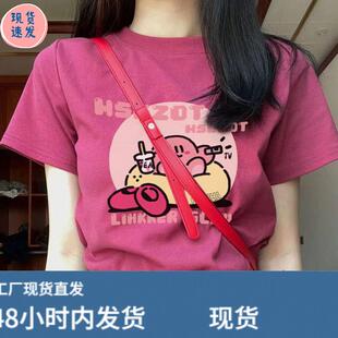 夏日多巴胺穿搭纯棉设计感卡通印花甜辣正肩短袖T恤女短款小上衣