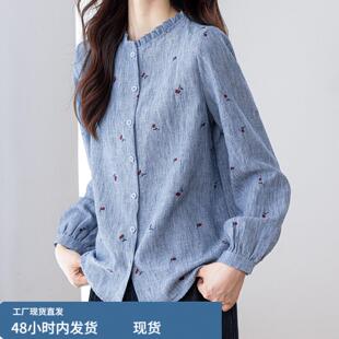 文艺风印花长袖棉麻衬衫女春季新款木耳边立领显瘦减龄百搭小衫
