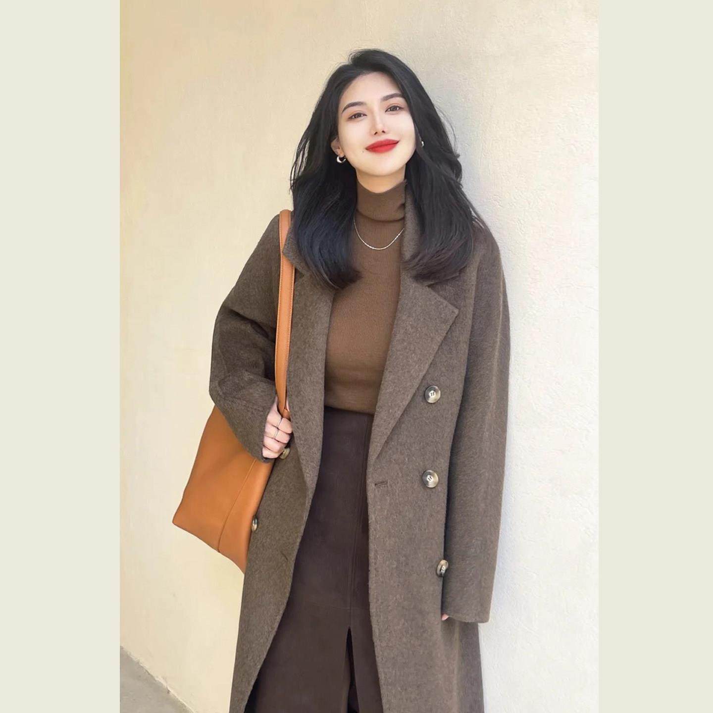 咖色翻驳领双排扣毛呢外套女秋冬季通勤显瘦百搭中长款呢子大衣,运动/瑜伽/健身/球迷用品,广场舞套装,淘宝优惠券,粉丝福利购,淘宝优惠卷
