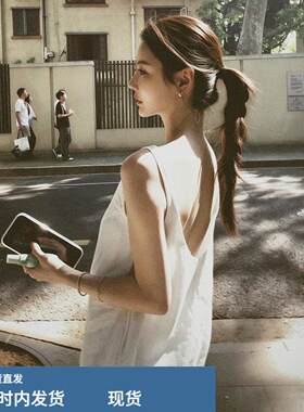 巨好看亚麻白色无袖吊带露背洋装子女装夏季2026新款松弛感短裙