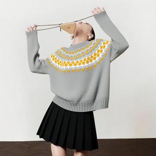灰色费尔岛针织毛衣女款2026新款轻熟小众不撞款韩系初冬chic上衣