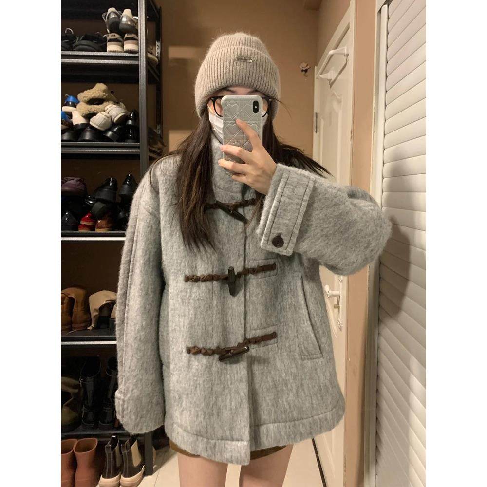 韩系灰色立领牛角扣毛呢外套女秋冬季小个子宽松显瘦百搭呢子上衣,运动/瑜伽/健身/球迷用品,广场舞套装,淘宝优惠券,粉丝福利购,淘宝优惠卷