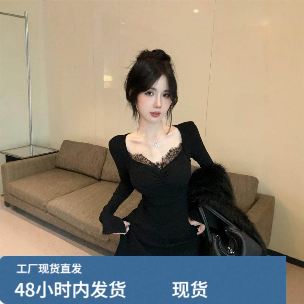黑色蕾丝花边V领连衣裙女秋冬内搭高级感纯欲性感辣妹包臀短裙子,运动/瑜伽/健身/球迷用品,瑜伽短裙,淘宝优惠券,粉丝福利购,淘宝优惠卷