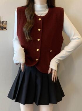 Ankesela红色小香风格针织圆领背心为妇女秋季大尺寸胖毫米外层分