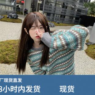 2026新款高级感百搭日系慵懒复古菱形格子圆领套头宽松毛衣女春季