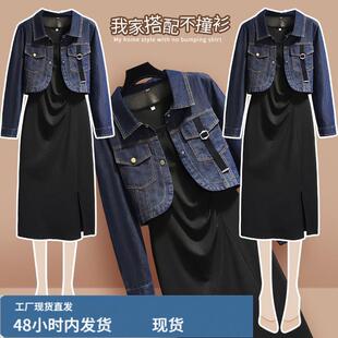 牛仔连衣裙两件套女2025新款春秋长袖外套吊带连衣裙polo领黑裙子