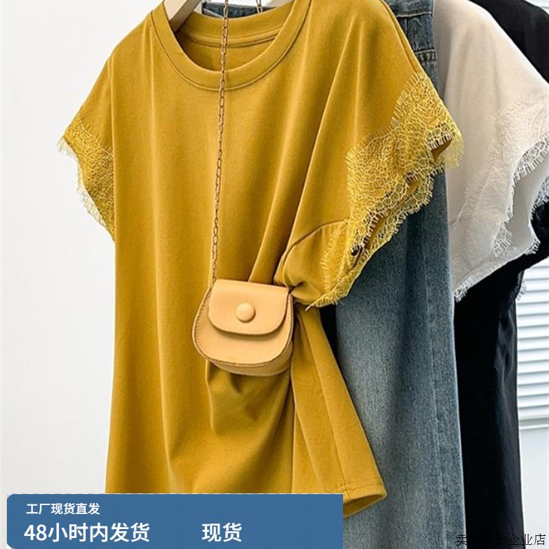 品牌折扣女装蕾丝花边短袖T恤女夏季胖MM显瘦不规则收腰休闲上衣