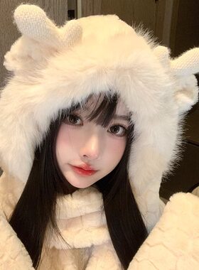 秋冬新款可爱鹿角围巾帽子一体连帽学生骑行毛绒保暖加厚围巾通用