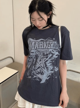 ODD/灵魂乐者烟灰色夏季显白情侣短袖印花宽松上衣女加厚百搭纯棉