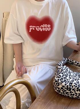 ODD/韩系小众设计感字母心形图案宽松纯棉短袖T恤女白色百搭上衣